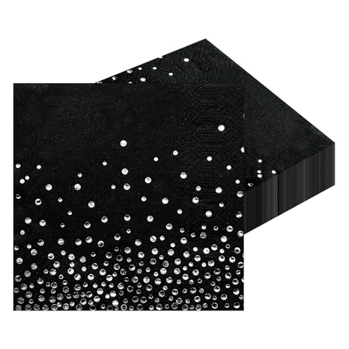 Serviettes en Papier pour fête Lot de 50 Noir avec feuille d'argent Serviettes Jetables 33 x 33 cm