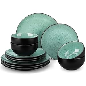 vancasso Bubble Plates and Bowls Sets – 12 Piece Dinnerware Sets Service for 4, Reactive Glaze Stoneware Tableware Set, Microwave, Dishwasher, Oven Safe (Green)