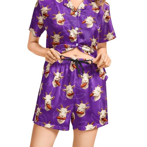 Image of Funny Pajamas for Women Set Print Satin Loungewear Pjs Short Sleeve Button Down Top and Shorts Sets Sleepwear XS-3XL