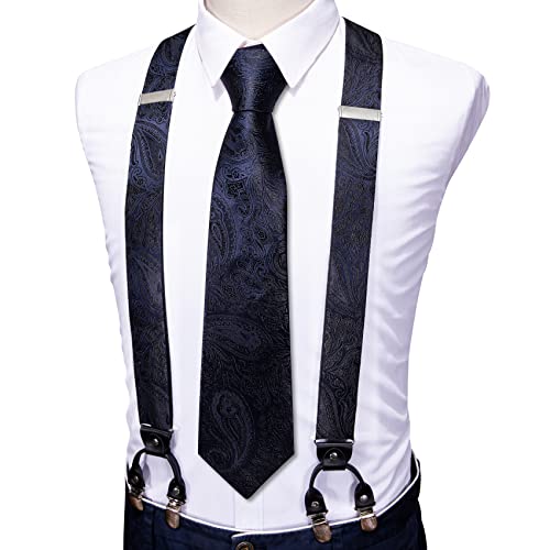 Image of Barry.Wang Men Suspender Set with Necktie Elastic Y Type Heavy Duty 6 Clips Braces Tie Handkerchief Cufflink Pin 6PCS