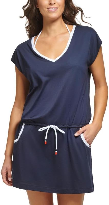 Tommy Hilfiger Women's Drawstring Cover-Up Dress (Sky Captain, Small/Medium)