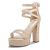 IDIFU Women's Platform Chunky High Heels Dress Sandals Open Toe Ankle Strap Strappy Wedding Bridal Party Dance Shoes with Zipper (Gold Shiny, 7.5 M US)