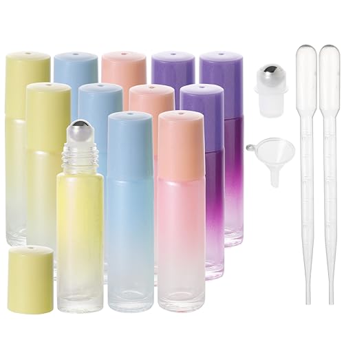 SESENSE Essential Oil Roller Bottles, 10ml Thick Glass Perfume Roller Bottles with Funnel Opener and Dropper (Multicolor, 12 Pack)