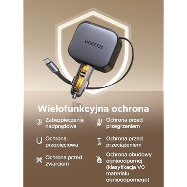UGREEN Зажигалка 145 Вт. Выдвижное устройство быстрой зарядки для автомобиля 100 Вт. Встроенный кабель USB-C. Автомобильные аксессуары 4 в 1 . Адаптер быстрой зарядки для iPhone 17 16 MacBook iPad Galaxy S25 GPS и т. д.