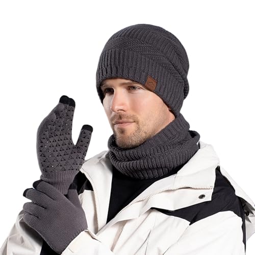 Mens Winter 3-Piece Set - Beanie Hat Scarf & Touchscreen Gloves - Warm Soft & Stylish Knit Winter Accessories (Grey ONE SIZE)
