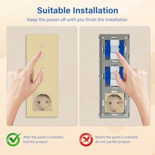 BSEED Touch Lichtschalter mit Steckdosen doppelte 2 Fach 1 Weg Wandschalter mit einer Steckdose Unterputz Touchscreen-schalter mit Glasrahmen 228mm Golden