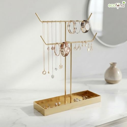 Image of ecofynd 2-Tier Metal Jewelry Organizer Stand with 2 Hangers, 16-Inch Holder for Earrings, Necklaces, Bracelets & Rings, Space-Saving Display for Vanity, Dressing Table & Home (Gold, JS010)