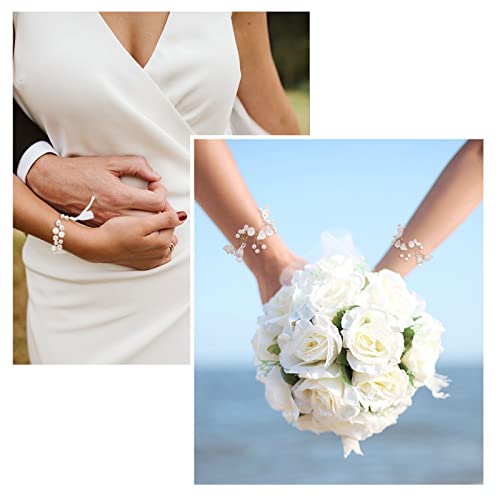WEBEEDY 3 Pcs Wedding Bridal Bridesmaid Hand Flower Pearl Drop Wrist Flower for Prom Wrist Corsage Bracelets Photograph Decor Supplies Wedding Flowers Accessories - Image 4