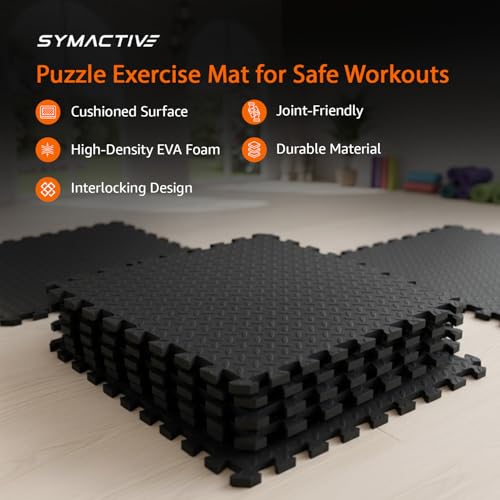 Image of Amazon Brand - Symactive Puzzle Exercise Mat | EVA Interlocking Tiles | Set of 4 | 61 x 61 cm each | 10 MM | Protective Flooring for Home, Gym | Black