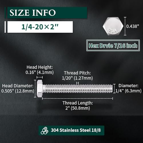 Image of 1 /4-20 x 2 Hex Head Bolts Screws, 304 Stainless Steel 18-8, Fully Threaded, Hexagon Head Cap Bolts Screws, Coarse Thread UNC, 25 PCS