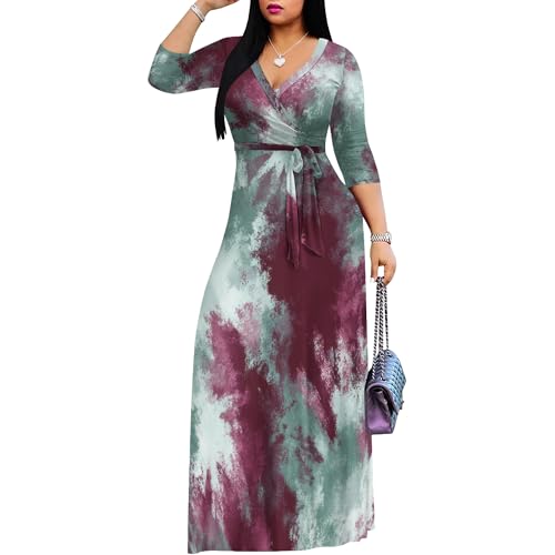 Image of PinkPatty Women's Print Maxi Dresses 3 /4 Sleeve Flowy Long Dress V Neck Wrap Tie Waist Sundress