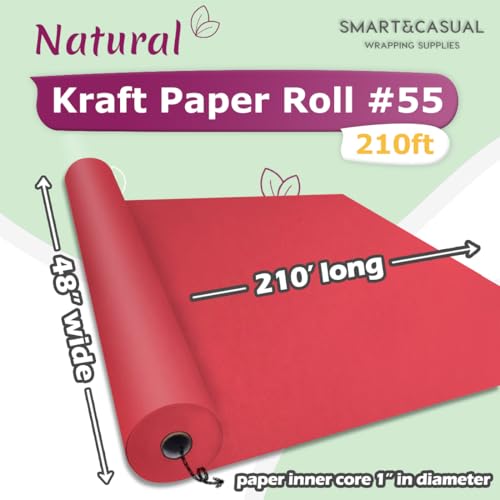 Image of SMART&CASUAL 48 inch x 2,520 inch (210') Red Kraft Craft Paper Roll for Gift Wrapping Bulletin Board Bouquet Flower Art Packing Parcel Table Covering 80GSM 55LB (Red, 48 inch x 210')