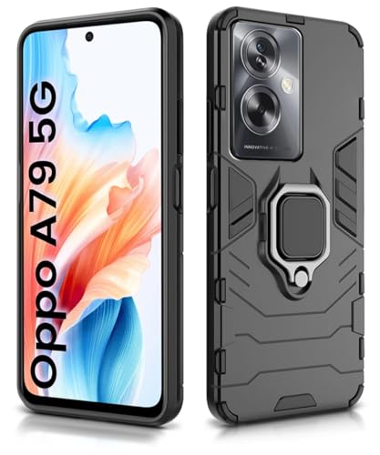 Image of WOW IMAGINE Shock Proof Back Case Mobile Cover for Oppo A79 5G | Back Cover Case (Tough Armor | Hybrid PC + TPU | Ring Holder & in-Built Kickstand | Black)