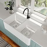 DeerValley Double Bowl Farmhouse Sink 33 inch, Ceramic Apron Front White Farm Sink, Deep Drop-in Fireclay Undermount Reversible Sinks with Grid & Strainer