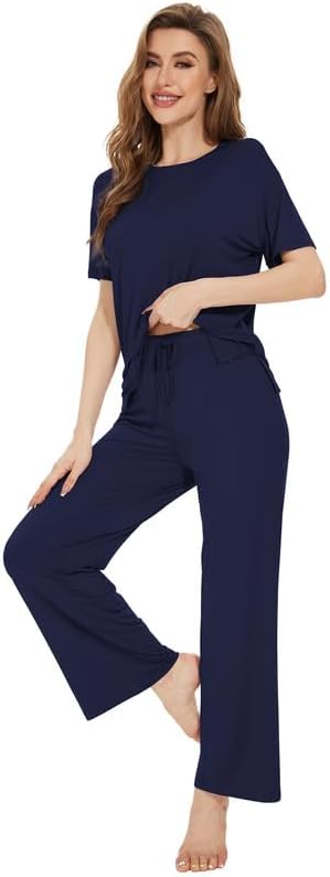 WiWi Bamboo Viscose Pajamas for Women Super Soft Cooling Loungewear Short Sleeve Tops and Long Pants Sleepwear S-XXL - Image 3