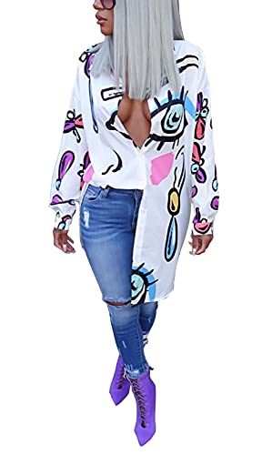 Bluewolfsea Women s Fashion Tunic Blouse Long Sleeve Button Up Dresses with Collar Large White