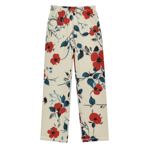 Boys' Pants Red Flowers Blue Leaves Long Bottoms Jogger Pants Elastic Waist Trousers with Pockets S-XL