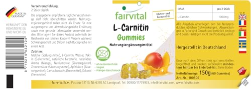 Fairvital | L-carnitine gummies - 60 stuks - 1000mg per dagelijkse dosis - mangosmaak - hooggedoseerd - 100% veganistisch + suikervrij - kwaliteitstest en hooggedoseerd - gemaakt in Duitsland - Afbeelding 3