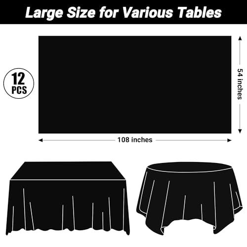 Image of QZYL 12 PCS Table Cloth Rectangle, Black Picnic Table Cover with Bench Covers, 54 X 108 in Disposable Christmas Table Cloth Rectangle Table for Camping Birthdays Weddings Parties