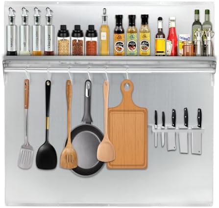 30"x30" Stainless Steel Range Backsplash for Stove Hood, Wall Mount Panel with Storage Shelf & Knife Rack, Commercial Backsplash Shield, Pre-Drilled Holes for Easy Installation & Cleaning