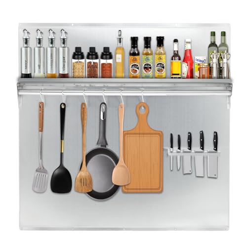 30"x30" Stainless Steel Range Backsplash for Stove Hood, Wall Mount Panel with Storage Shelf & Knife Rack, Commercial Backsplash Shield, Pre-Drilled Holes for Easy Installation & Cleaning