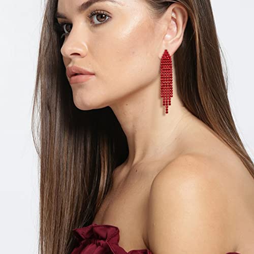 Elequeen Austrian Crystal Tassel Earrings Linear Drop Chandelier Dangle Earrings For Women Wedding Bridal Party Red Red-Tone #TOP3
