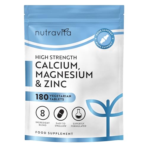 Nutravita Calcio 800mg, Magnesio 360mg, Zinc y Vit D   180 Tabletas Vegetarianas (3 Meses)   Calcio, Boron, Rame Selenio Manganese, Zinc y Magnesio Suplementos para Huesos Musculos   Hecho en Europe