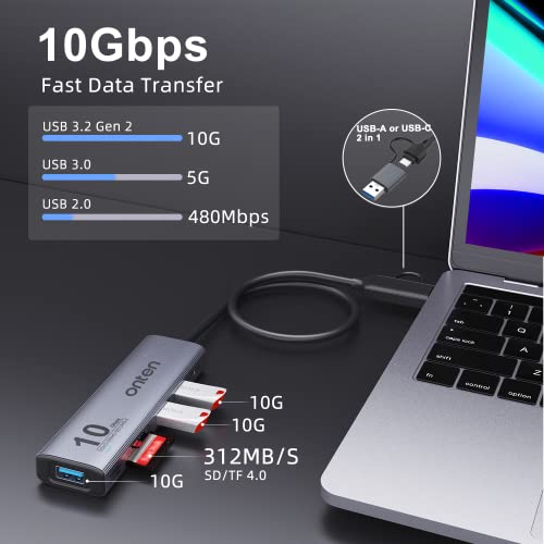 Onten Dual-Slot UHS-II SD4.0 Card Reader.10Gbps USB C to USB Hub Adapter,USB Hub with 3*USB 3.2 GEN 2(10Gbps) Port and UHS-II SD/TF4.0.Compatible with Mac OS iPad OS,Windows,Android,and Linux. - Thumbnail 2