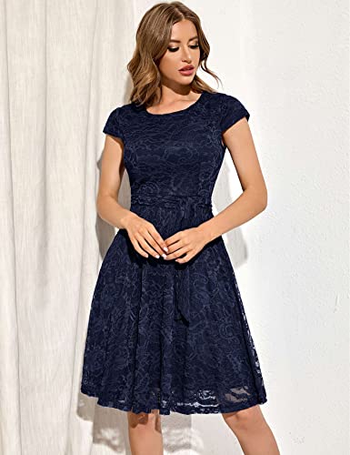 Muadress Women Cap-Sleeve Lace Floral Elegant Cocktail Dress Crew Neck Knee Length Bridesmaid Dresses For Party Navy L #TOP5