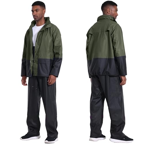 Image of Men's Workwear 3-Piece Waterproof PU Rain Suit Set | Hooded Jacket & Bib Pants, Sealed Seams, Storm Flap, Adjustable Suspenders, Flap Pockets, Outdoor Work, Fishing, Farming