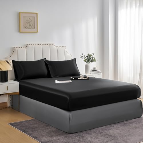 JHCHMX Satin Fitted Sheet Single,Deep Pocket Silkly Black Single Bed Sheet,Soft Satin & Wrinkle Resistant Fitted Bed Sheet Black Single