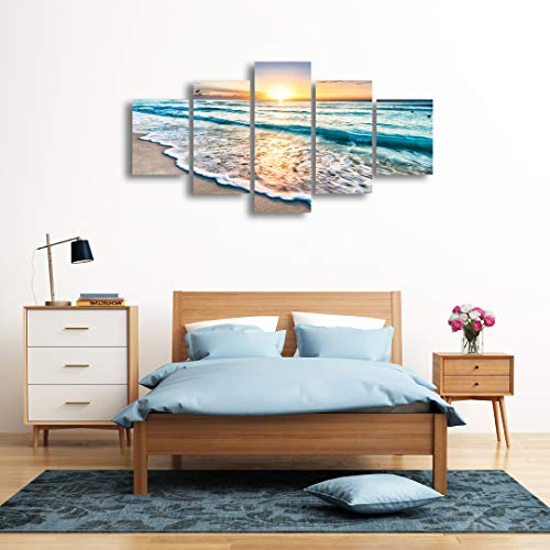 Cao Gen Decor Art-S58839 5 Panels Blue Beach Sunrise White Wave Pictures Painting On Canvas Wall Art Modern Stretched And Framed Seascape Giclee Canvas Prints For Home Office Decorations Large Artwork #TOP1