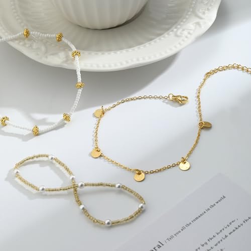 Image of Gold Ankle Bracelets for Women,14k Gold /Silver Plated Waterproof Layered lightweight Cuban Link Figaro Chain Heart anklet Bracelets Set Gold Anklets for women Trendy Jewelry Gift