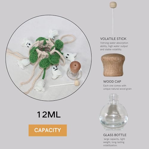Image of ROFIGL Handmade Crochet Hanging Car Air Freshener - Glow-in-the-Dark Lily of the Valley Plant with 12ml Refillable Essential Oil Diffuser Bottle, Halloween Car Accessories & Bedroom Nightlight Decor