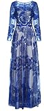 Meier Women's Long Sleeve Illusion Back Embroidery Lace Evening Dress Royal Size 14