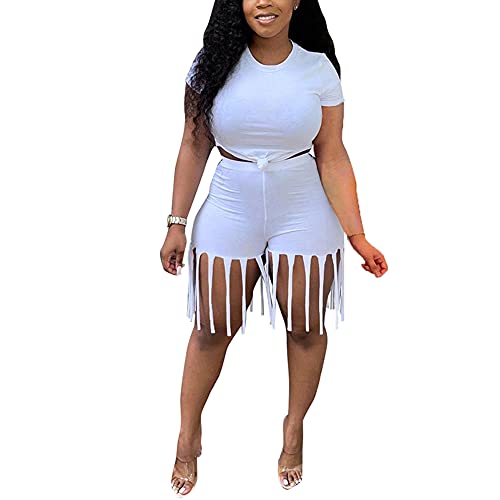 Sprifloral Women s Casual 2 Piece Outfits Clubwear Colorful Crop Top & Tassels Shorts Jogger Sportswear Set