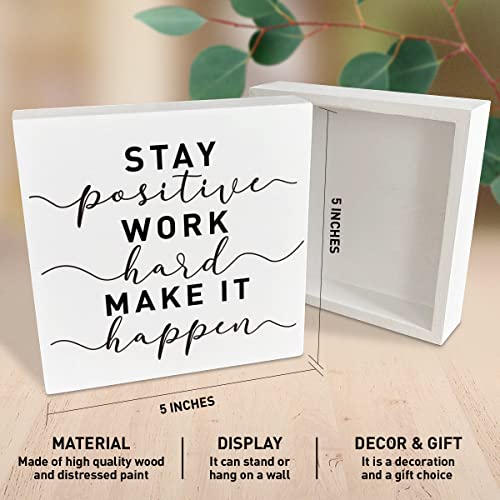 Inspirational Wooden Box Sign, Stay Positive Work Hard, Inspirational Home Office Desk Decor, Motivational School Classroom Decoration, Positive Gifts For Women Men Coworkers Student #TOP1