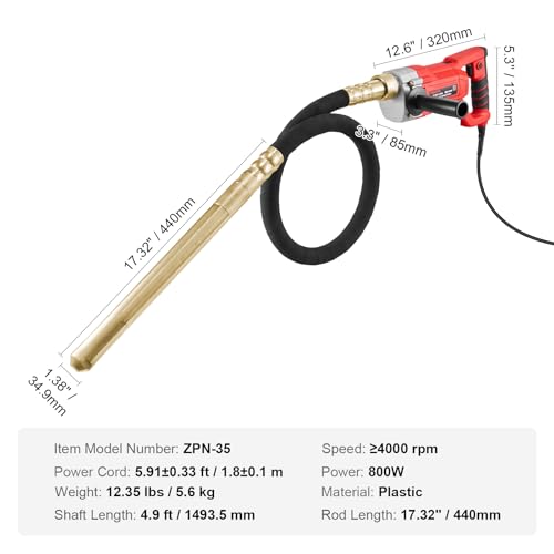 VEVOR Hand-Betonrüttler, 800 W elektrischer Rüttler 4000 U/min, elektrisches Betonrüttlerwerkzeug mit 1,5 m Schaftstange, tragbarer Bleistift-Zementrüttler zum Entfernen von Luftblasen und Mischen
