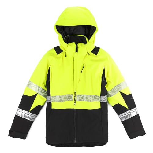 TRUEWERK Men's Work Coat - S4 Tower Winter Parka Workwear, Water-Resistant, Windproof Jacket with 4-Way Stretch, Viz Yellow/Black, Small