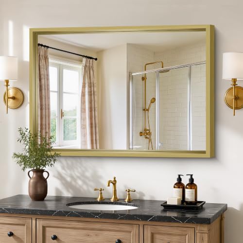 Image of Bathroom Mirror, 30 x 42 inch Natural Wood Grain Colored Aluminum Metal Frame Bathroom Vanity Mirror, Rectangle Wall Mirror for Bedroom Living Room, Tempered Glass, Horizontal or Vertical