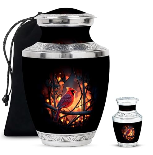 Image of Cardinal Bird Urn Cremation Urns 1 Large & 1 Small | Tiny Funeral Urn for Ashes for Women, Large Burial Urns for Mom & Dad