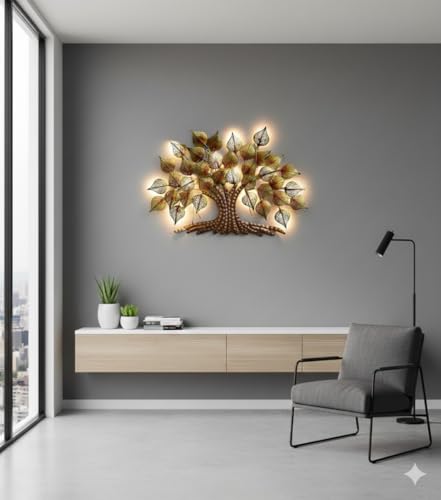 Image of Bharat Art Big Tree Metal Wall Art with LED Light | Handcrafted Iron Tree Wall Hanging for Living Room, Bedroom, Hall, Office | Pan Tree WD049 | Size: 36x2x24 Inch - WD049
