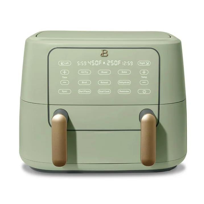 Beautiful 9 QT TriZone Air Fryer, Sage Green by Drew Barrymore – Dual Basket Design with Divider, Large Capacity Digital Air Fryer for Family Meals, Crispy Results, Easy Clean Touch Display