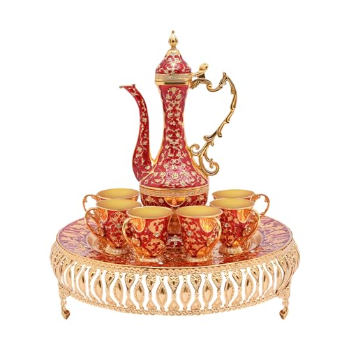 Set di teiera turca vintage con 6 tazze da caffè e vassoio da tè, tazza da caffè e teiera, set di bicchieri da tè turchi, per feste a casa (oro + rosso)