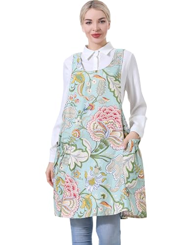 Image of Cozy Adjustable Cross Back Aprons for Women with Pockets Cotton Linen Cooking Kitchen Baking