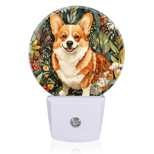 Image of LED Night Lights Lamp with Dusk to Dawn Sensor, Lovely Smiling Corgi in The Flowers Night Light Plug Into Wall for Kids Room, Bedroom, Bathroom, Kitchen, Hallway