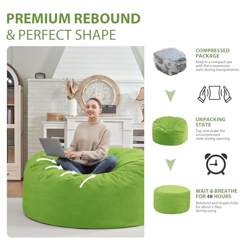 3FT Bean Bag Chair, Comfy Bean Bag Chairs with Memory Foam Filled, Fluffy Beanbag Sofa with Dutch Velvet Cover, Round BeanBag Chairs for Living Room, Playroom - Lime