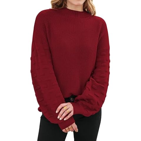 Sovoyontee Women's Red Oversized Crewneck Long Puff Sleeves Chunky Knit Cute Fall Pullover Sweater Tops S Cover