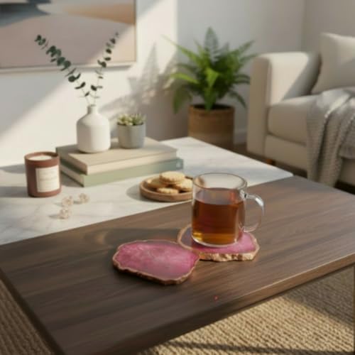 Image of Natural Agate Stone Rose Gold Plated Tea Coasters Set | Premium Stone Coasters for Tea, Coffee & Glass | Heat Resistant Coasters for Dining Table, Office Desk & Home Decor | Pack of 2 | Color -Pink