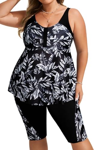 Hanna Nikole Damen Große Größen Bauchweg Tankini U Ausschnitt Push Up Hohe Taille Zweiteilig Badeanzug Schwarze & weiße Blätter 46 1